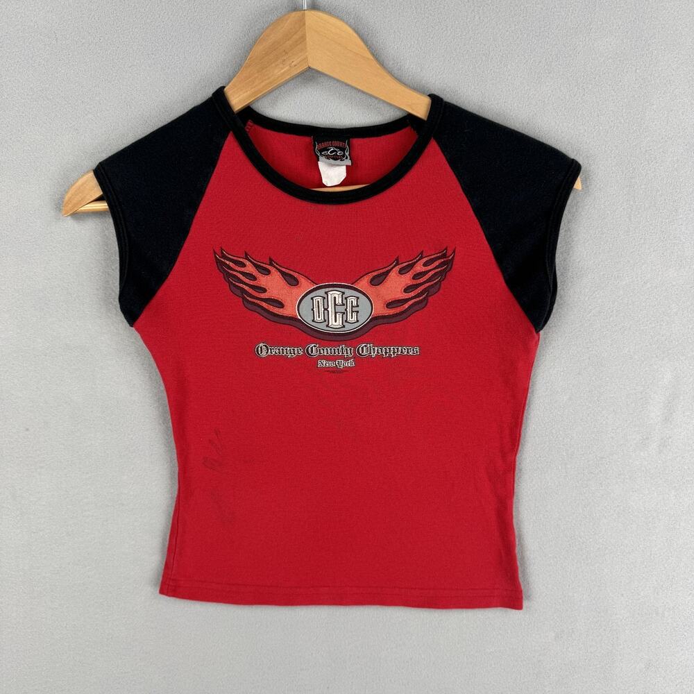 Vintage Orange County Choppers Shirt Womens Small Red Flames Crop Glitter Y2K